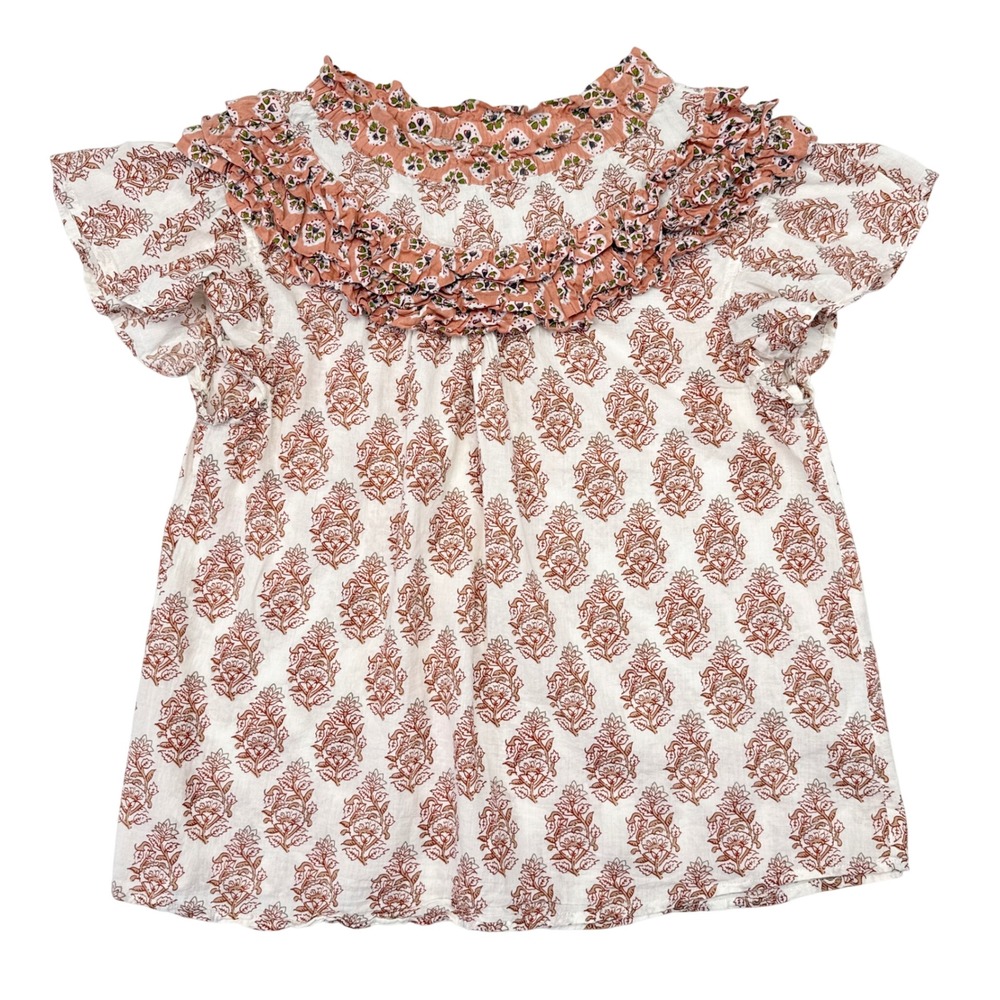 Marea Top Womens Size Small White Pink Printed Floral Ruffle Neckline Liz Joy